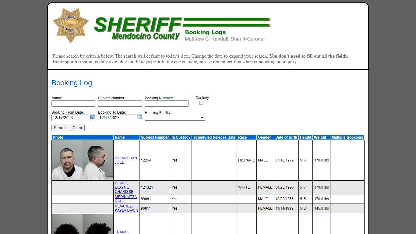 Booking Log - Mendocino County Sheriff's Office