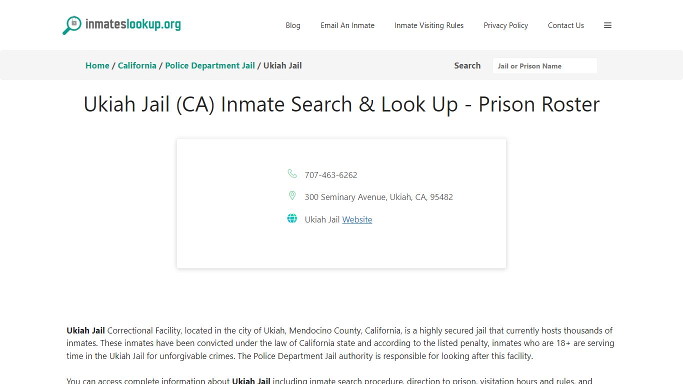 Ukiah Jail (CA) Inmate Search & Look Up - Prison Roster